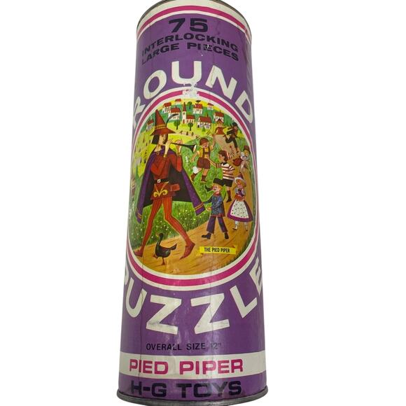 Vintage 1970s Pied Piper 12" HG Toys Round Puzzle in Metal Tube Missing 1 Piece - Picture 3 of 4